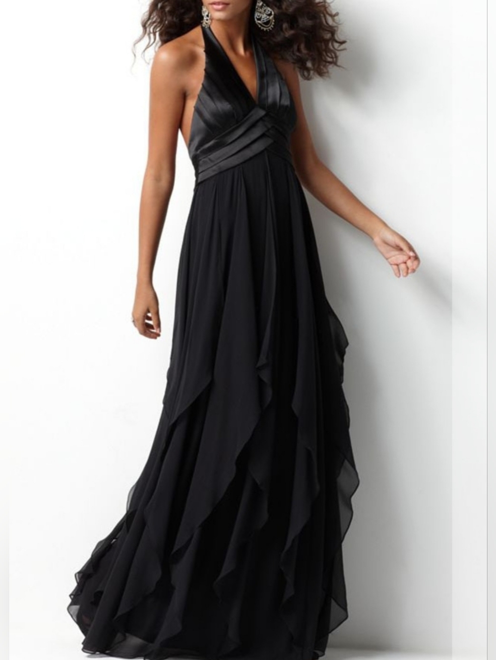 BCBGMaxAzria Satin Chiffon Ruffle Halter Black Tie Formal Evening Maxi Dress
